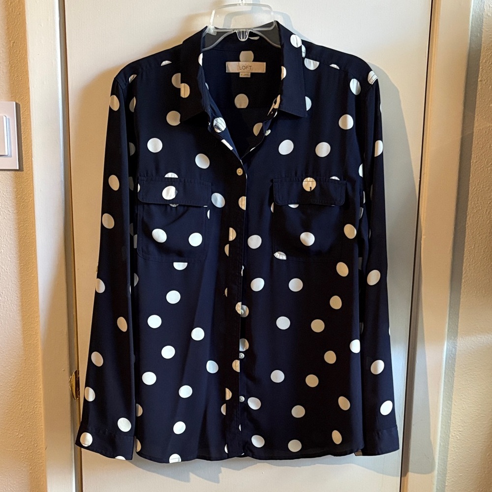 LOFT Navy and White Polka Dot Blouse